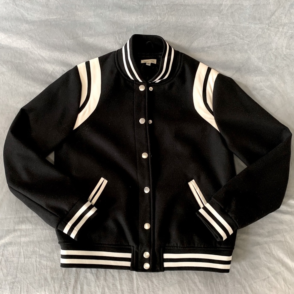 Silence + noise black bomber varsity jacket.